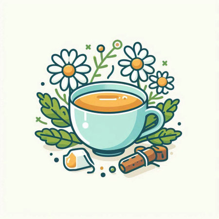 Cup of tea with chamomile flowers. Vector illustration.のイラスト素材