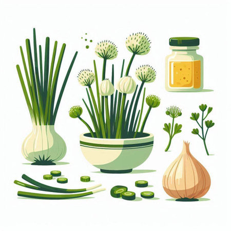 Garlic, onion, parsley, dill, garlic, parsley, garlic. Vector illustration.のイラスト素材