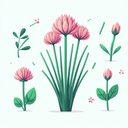 Set of pink flowers and green leaves. Vector illustration in cartoon style.のイラスト素材