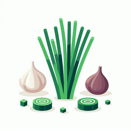 Green onion and garlic on a white background. Vector illustration in flat style.のイラスト素材
