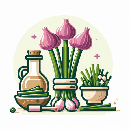 Spa salon vector illustration with flowers, herbs and oil bottles.のイラスト素材