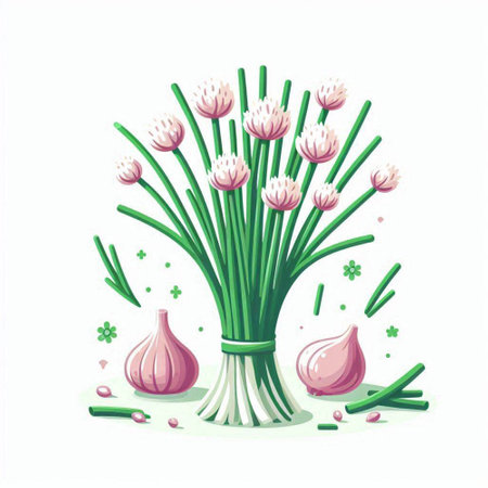 Bunch of fresh chives and garlic. Vector illustration on white background.のイラスト素材
