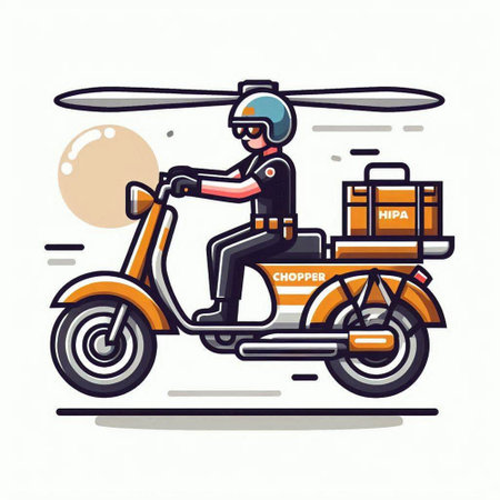 Vector illustration of a delivery man on a motorcycle with cardboard boxes.のイラスト素材