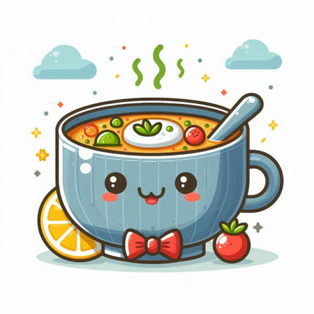 Cute cartoon bowl of porridge with fruits. Vector illustration.のイラスト素材