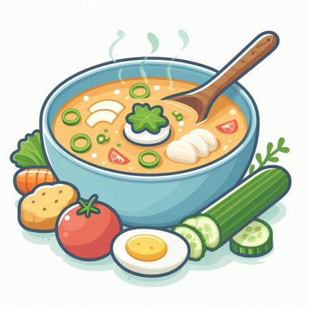 Soup with vegetables and meat in a bowl. Vector illustration.のイラスト素材