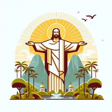 Jesus Christ on the background of the sun and palm trees. Vector illustrationのイラスト素材
