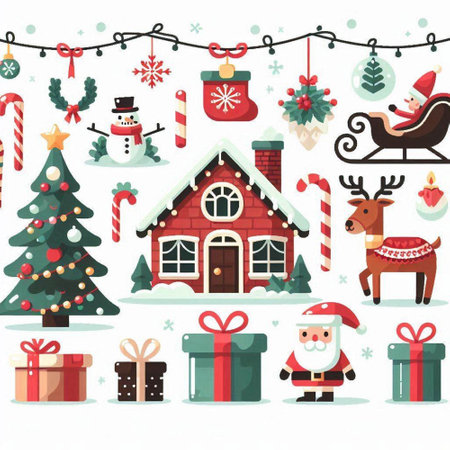Christmas and New Year vector illustration. Santa Claus, deer, house, snowman, reindeer, Christmas tree, gifts.のイラスト素材