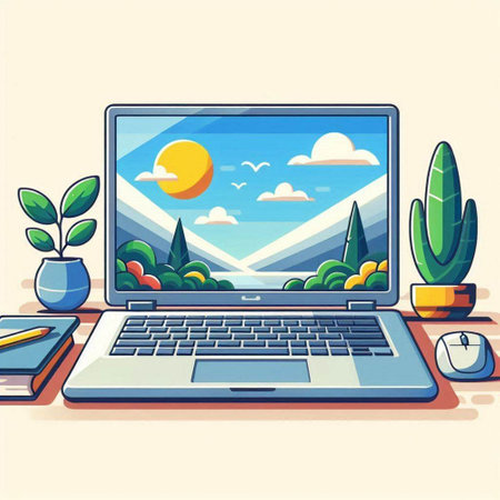Laptop computer with nature landscape on screen. Flat style vector illustration.のイラスト素材