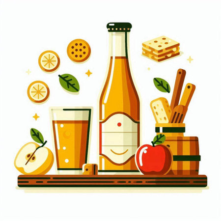 Bottle of cider and glass of juice on wooden table. Vector illustrationのイラスト素材