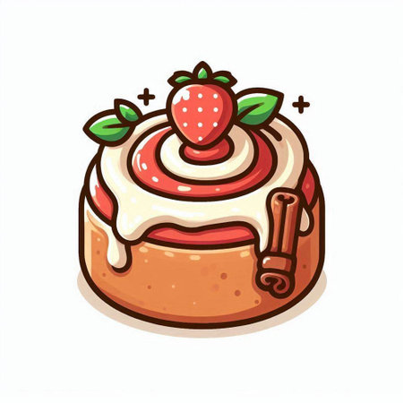 Cinnamon roll with cream and strawberry. Hand drawn vector illustration.のイラスト素材