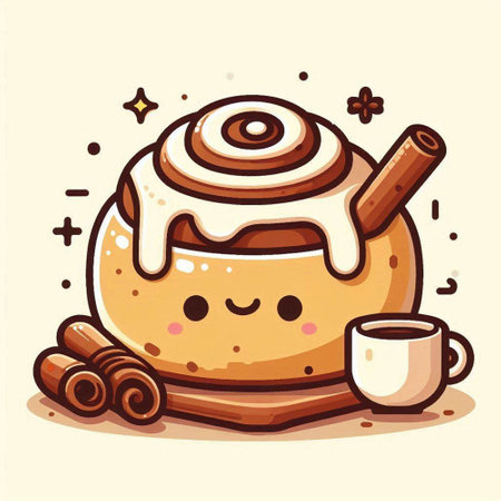 Cinnamon roll with a cup of coffee. Cute cartoon vector illustration.のイラスト素材