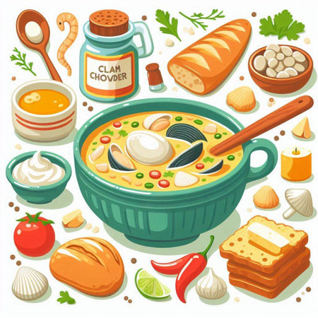 Cartoon vector illustration of soup with vegetables and spices. Vegetarian food.のイラスト素材