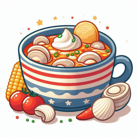 Illustration of a bowl of chicken soup on a white background.のイラスト素材