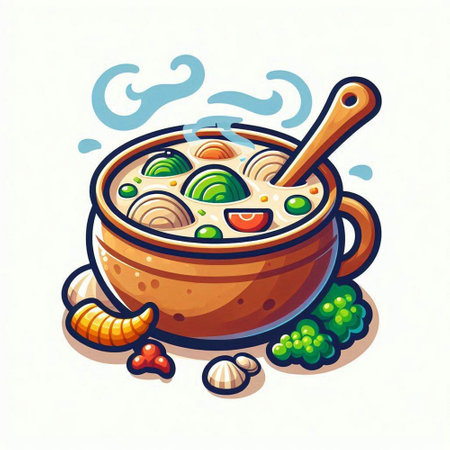 Vector illustration of a bowl of soup with noodles and vegetables on a white backgroundのイラスト素材