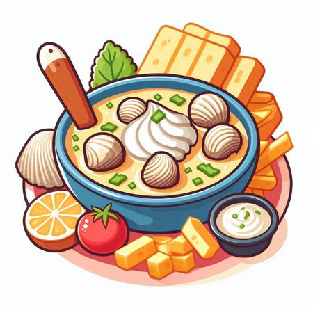 Illustration of a bowl of soup with dumplings and ingredientsのイラスト素材