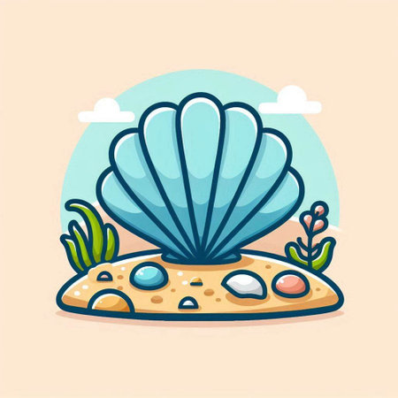 Sea shell in the sand. Vector illustration in a flat style.のイラスト素材