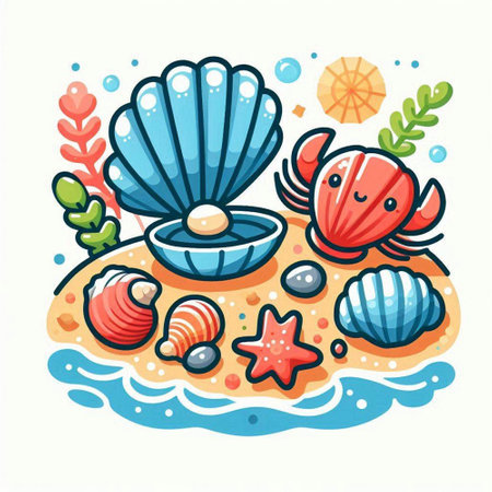 Cute cartoon vector illustration of seashells and crab on a coral reefのイラスト素材