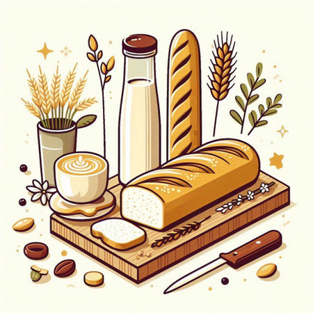 Bread and bakery products on wooden cutting board. Vector illustration.のイラスト素材