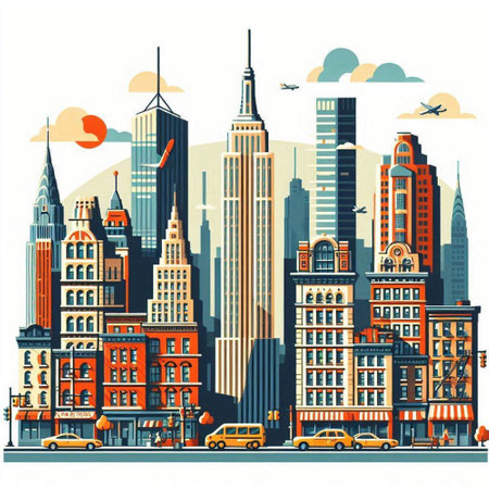Cityscape with skyscrapers. Vector illustration in flat style.のイラスト素材