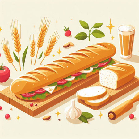 Vector illustration of a fresh baguette with a glass of beer and ingredientsのイラスト素材