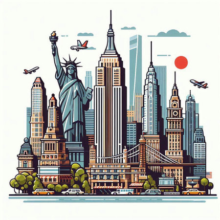 New York City skyline with famous landmarks. Vector illustration in flat styleのイラスト素材