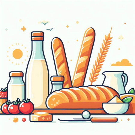 Bakery products vector illustration. Bread, milk, butter, cheese, eggs, tomato.のイラスト素材