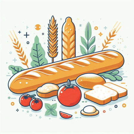 Baguette, bread, wheat, tomato. Vector illustration.のイラスト素材