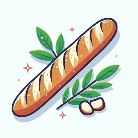 Baguette with green leaves. Vector illustration on white background.のイラスト素材