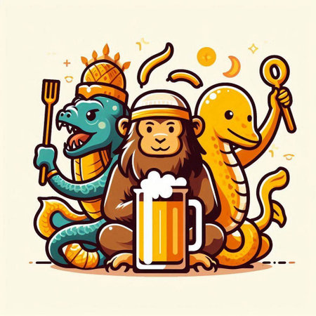 Cute cartoon crocodile and snake with beer. Vector illustration.のイラスト素材