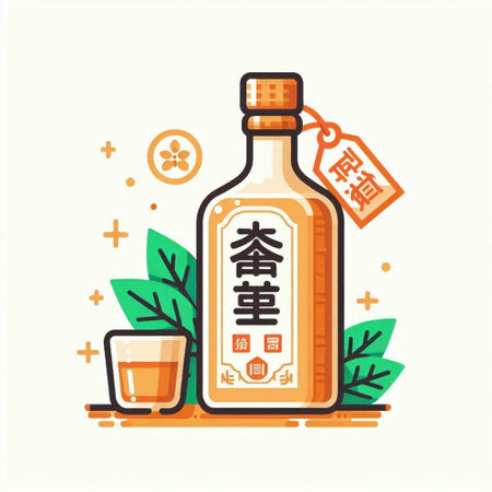 Olive oil bottle and glass of soy sauce. Vector illustration.のイラスト素材