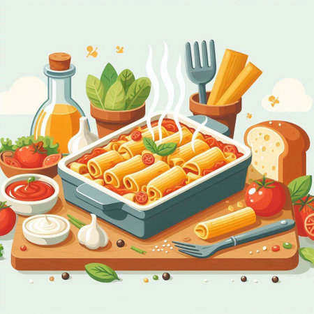 Cannelloni pasta with tomato sauce and basil. Vector illustrationのイラスト素材