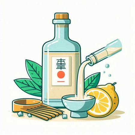 Bottle of tincture and ingredients for making lemonade. Vector illustration.のイラスト素材