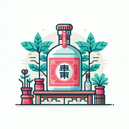 Vector illustration of chinese tequila bottle in flat line style.のイラスト素材