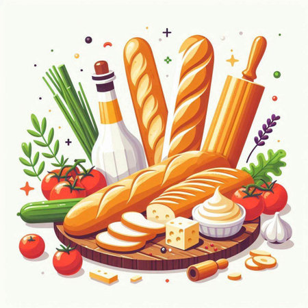 French bread and ingredients for cooking. Vector illustration in cartoon style.のイラスト素材