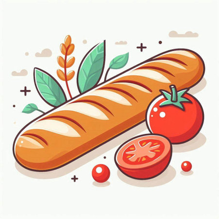 Baguette with tomato and herbs. Vector illustration in flat styleのイラスト素材