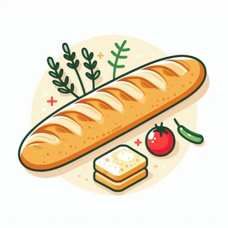 Baguette with spices and herbs. Vector illustration in cartoon style.のイラスト素材