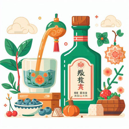 Chinese New Year greeting card with bottle of wine and ingot. Vector illustrationのイラスト素材