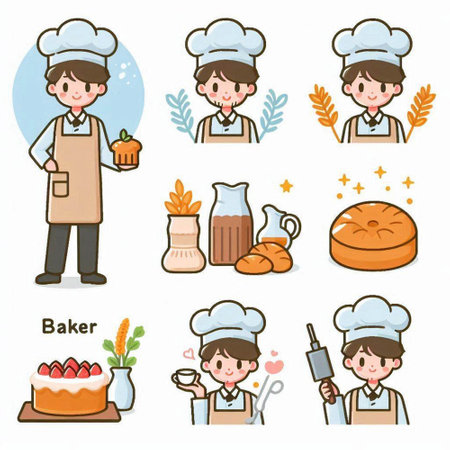 A set of female chef's icons.There are various actions such as cooking, baking, bakery, bread, cooking.It's vector art so it's easy to edit.のイラスト素材