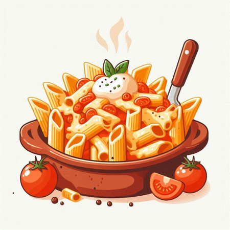Illustration of a bowl of penne pasta with tomato sauce and mozzarellaのイラスト素材