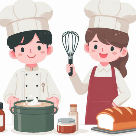 Illustration of a male and female chef cooking in the kitchen.のイラスト素材