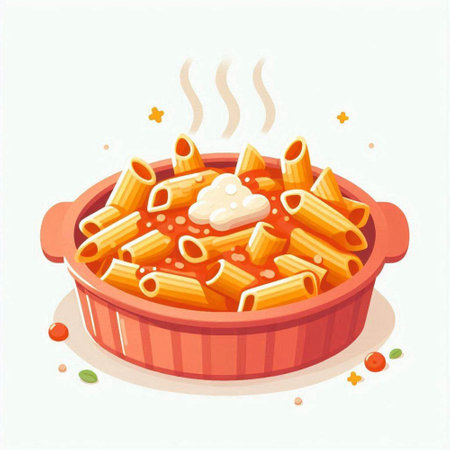 Illustration of a bowl of penne pasta with tomato sauce.のイラスト素材