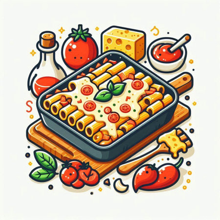 Italian pasta with tomato sauce, basil and cheese. Vector illustration.のイラスト素材