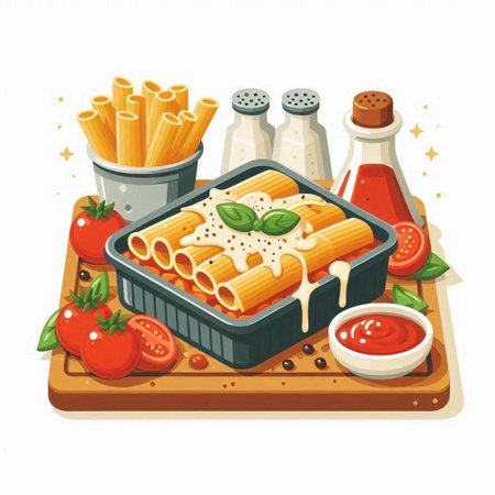Rigatoni pasta with tomato sauce and basil. Vector illustrationのイラスト素材