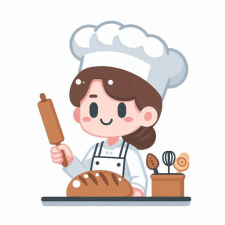 Illustration of a female chef holding a rolling pin and a breadのイラスト素材