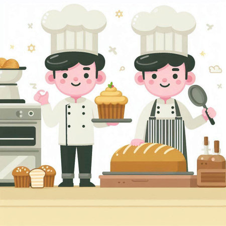 Cute cartoon chef and baker in the kitchen. Vector illustration.のイラスト素材
