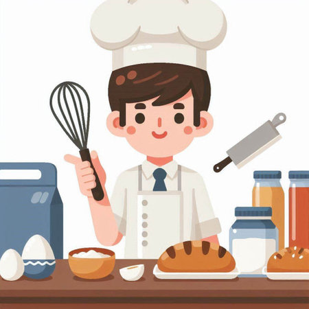 Illustration of a Kid Boy Cooking in a Bakery with Ingredientsのイラスト素材