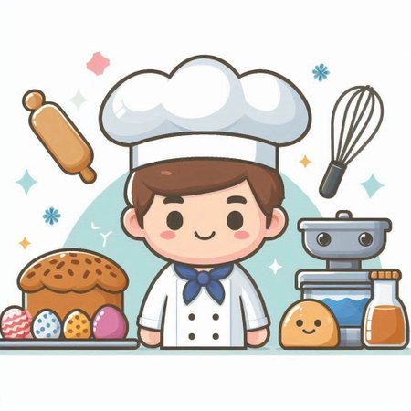 Cute chef boy with bakery products. Vector illustration in cartoon style.のイラスト素材