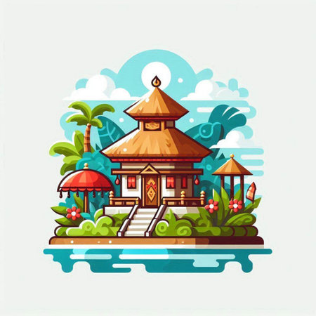 Wooden house on the seashore. Vector illustration in flat styleのイラスト素材