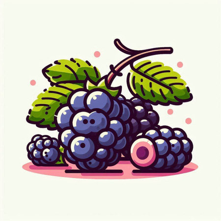 Blackberry and blackberry with leaves. Vector illustration in cartoon style.のイラスト素材