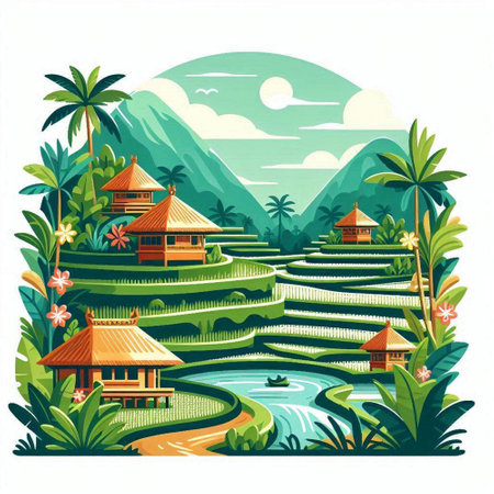 Rice terraces. Bali island, Indonesia. Vector illustrationのイラスト素材